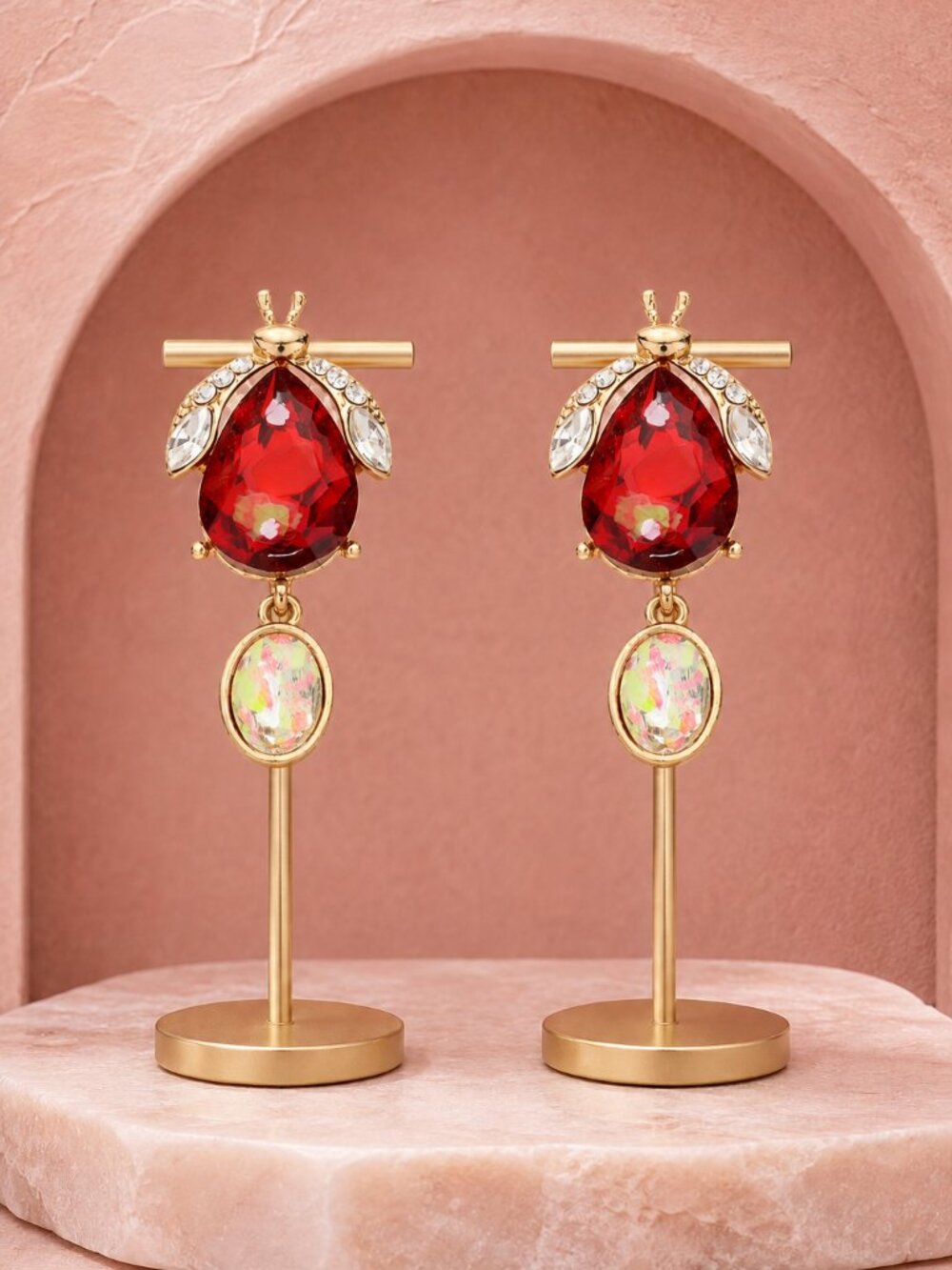 Ruby Red Stone Beetle Bug Earrings Gold Plated - Retail Sample Sale in NYC
